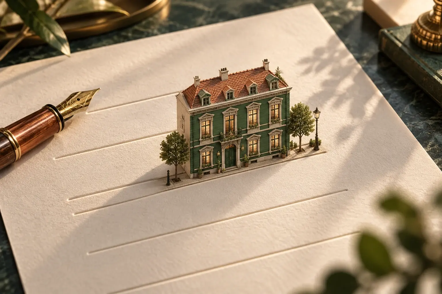 Close view of a cream sheet with a tiny green townhouse on its surface and a fountain pen beside it.