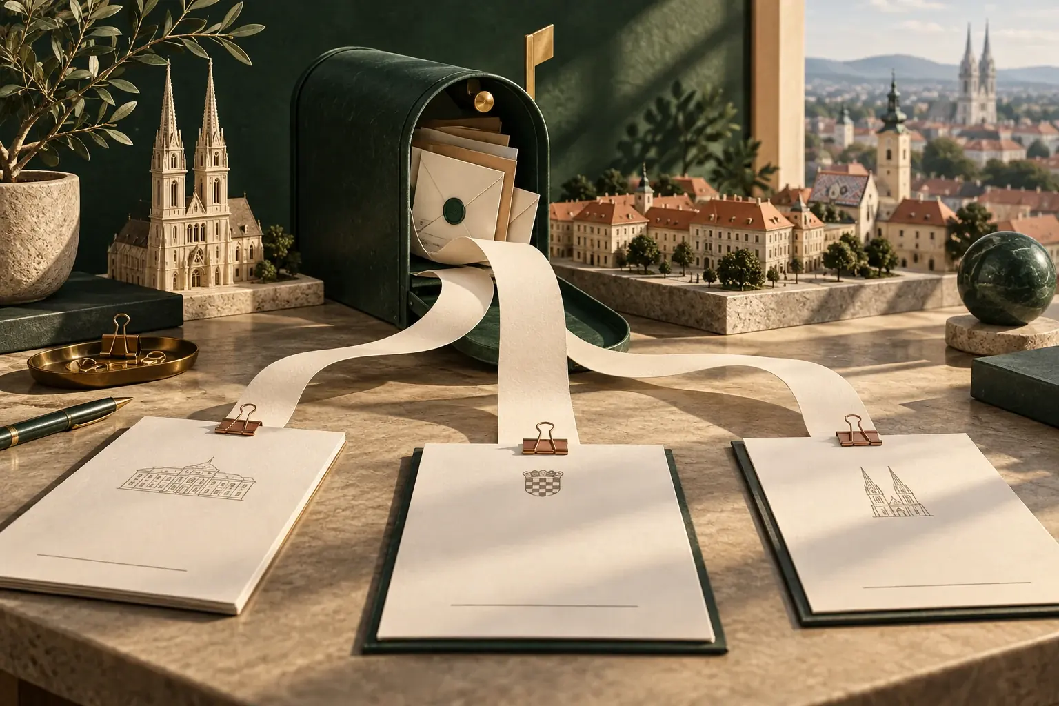 Dark green mailbox with a long cream paper ribbon stretching down to three blank documents on a sunlit desk.